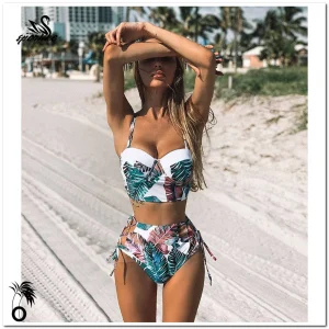 Bikini taille haute à balconnet tropical