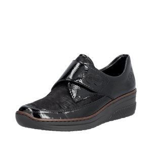 Chaussures femme Un velcro Talon compensé Dessus cuir et stretch RIEKER 487C00 coloris noir / vernis noir