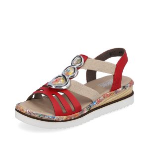 Sandale femme Lanières rouge Élastique côtés beige Talon compensé RIEKER 679L4