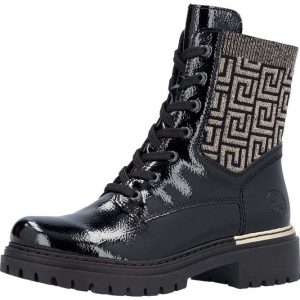 Bottines femme Style rangers Lacets + fermeture éclair Empiècement textile Semelle plate RIEKER vernis noirs