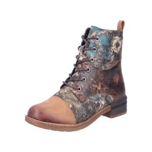 Bottines femme lacet+zip Boots dame Doublure chaude Talon carré RIEKER coloris tan / multicolore