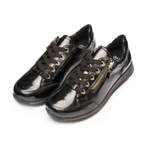 Tennis femme grande largeur Cuir Zip+Lacet semelle compensée ARA 1224801 Coloris vernis noir