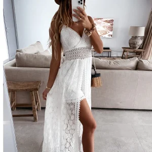 Robe de Plage Femme Blanche à Bretelles Fines