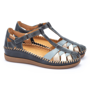 Sandale semi-ouverte Femme Velcro Talon et avant fermé Dessus tressé Cuir Semelle compensée PIKOLINOS Coloris bleu / marine