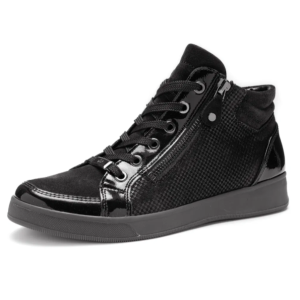 Bottine femme Cuir Semelle plate Fermeture par zip + lacets Talon compensé ARA 1224499-31 Coloris noir vernis noir