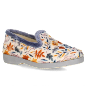 Charentaise fantaisie Pantoufles femme velours Doublure laine Semelle caoutchouc LA MAISON DE L&rsquo;ESPADRILLE Coloris bleu décor feuillage