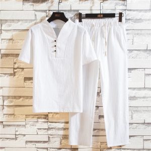 Ensemble Chemise Homme Coton et Lin à Manches Courtes et Pantalon