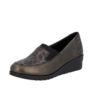 Mocassin femme Talon compensé Côtés élastiqués Dessus cuir Doublure textile Chaussure dame RIEKER L5351-90 Coloris marron bronze