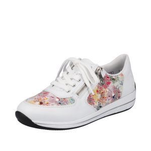Chaussure femme Largeur confort Fermeture éclair et lacet Semelle compensée RIEKER coloris blanc empiècements multicolore