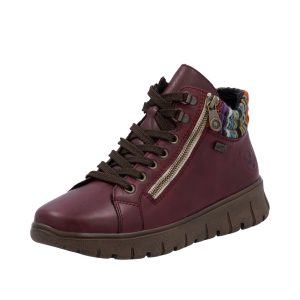 Baskets femme Cuir souple Imperméable Boots dame Semelle épaisse Chaussant large Deux zips Empiècement multicolore RIEKER N1305-35 coloris rouge bordeaux