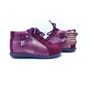 Bottillon fille Chaussures montantes à lacet Boots bébé cuir souple doublure cuir ZOLIRA BOPY coloris rouge / reflets dorés