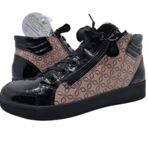 Basket montante à lacets + zip Bottine talon plat semelle plateforme coloris vernis noir + imprimé beige ARA 12-44499