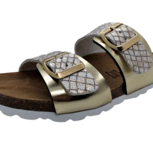Mule plate brides réglables semelle liège ergonomique BIO TIME coloris multicolore, blanc multi, doré
