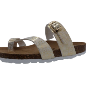 Mule plate femme passe doigt semelle liège fermeture à boucle 2 coloris argent ou doré multi BIO TIME