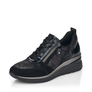 Tennis femme Talon compensé Lacet + Fermeture éclair REMONTE coloris noir irisé, velours noir, vernis noir