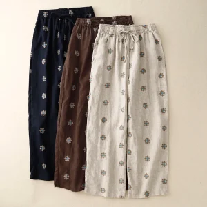 "Hanami" Pantalon femme en coton et lin imprimé | Taille haute, cordon ajustable, style décontracté été