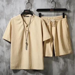 Ensemble Deux Pièces T-Shirt et Short en Coton et Lin Homme