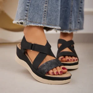Éléva – Sandales Compensées Femme en Noir