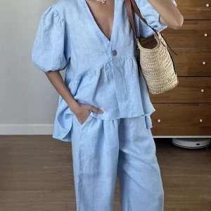 Ensemble Linea Soft – Blouse basque & Pantalon large Lin Coton