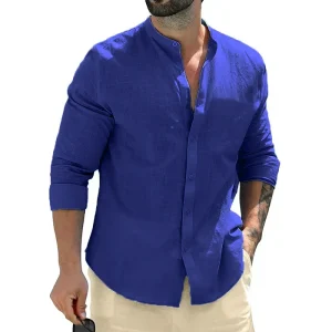 "Brume Azur" Chemise homme col Mao en coton