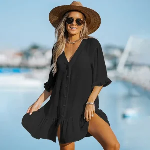 Robe de Plage Femme à Manches Longues - Tunique d'Été Mini Robe de Plage