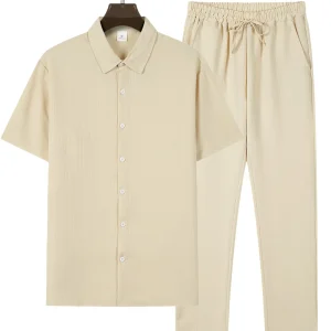 Ensemble Lin Décontracté Homme – Chemise Boutonnée et Pantalon Droit