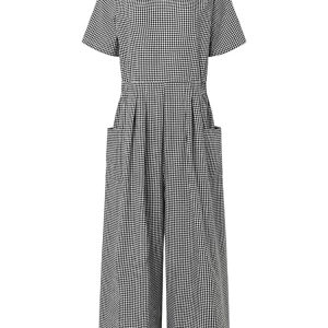 "Onsen Cocoon" Combinaison Femme à Carreaux Manches Courtes Taille Haute