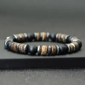 Bracelet Homme en Pierre d'Hématite, Onyx Noire et Œil de Tigre sur Bois Naturel