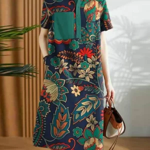 Robe Vintage Femme : Imprimé Floral Été Manches Courtes Col à Revers