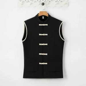"Mǎjiǎ" Gilet Traditionnel Tang Brodé en Lin et Coton