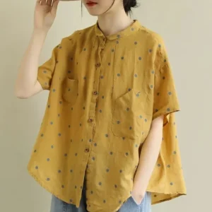 Blouse Femme Casual à Pois avec Poche Imprimée Col Rond