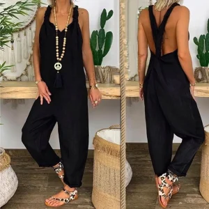 "Bambou Zen" Combinaison Femme Dos Nu Unie Sans Manches Salopette Nouée