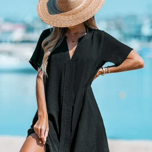 Robe de Plage Femme : Tunique de Plage Boutonnée à Manches Courtes, Idéale pour Bikini