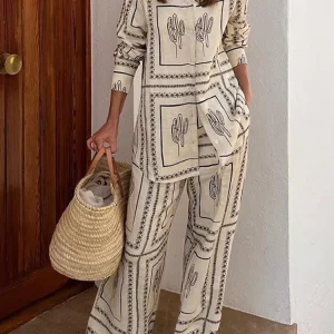 "Cactus Bohème" Ensemble Désert Chic – Chemise et Pantalon Large Taille Haute