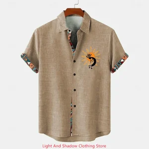 Chemise Lin Homme Beige Ethnique – Manches Courtes Été