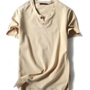 T-shirt en Lin Naturel – Boutonnière Épurée