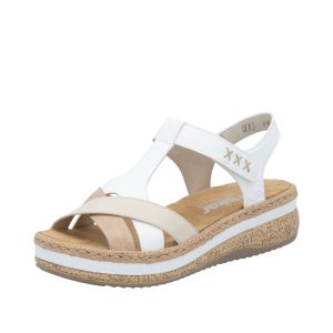 Nu-pied femme Lanières tressées Semelle liège Talon compensé Bride velcro RIEKER V0919-80