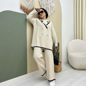 Ensemble 3 pièces Noir & Beige – Tricot Élégant & Moderne