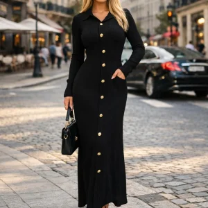 Robe Longue en Maille Luxe à Boutons Dorés ref5