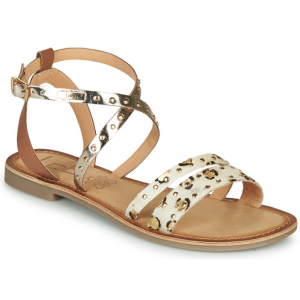 Sandale en cuir à talon plat brides croisées cheville, coloris beige / or LPB/LES PETITES BOMBES Agathe