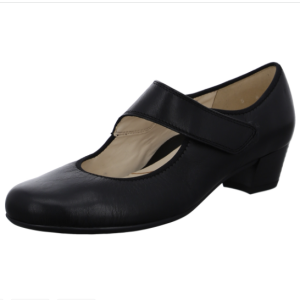 Chaussures cuir forme babies bride velcro femme petit talon carré  ARA noir
