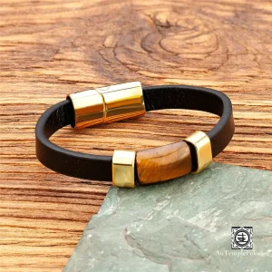 Bracelet en Cuir et Œil de Tigre Rectangulaire | Élégance Moderne et Énergie Protectrice