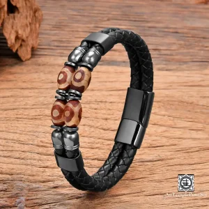 Bracelet en Cuir Tressé avec Perles Tibétaines Dzi | Énergie et Protection