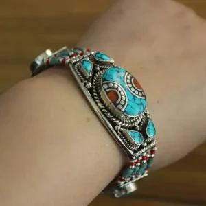 Bracelet "Mosaïque de Tsaparang" en Cuivre, Turquoise, Lapis et Corail