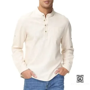 Chemise en Lin à Col Mao et Manches Relevables pour Homme