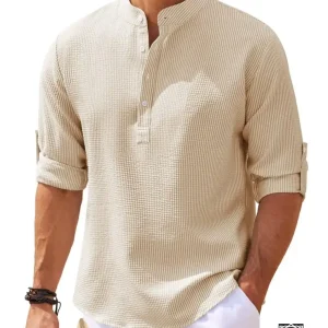 Chemise en Lin à Col Mao et Manches Relevables pour Homme