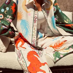 "Évasion Tropicale" Ensemble Décontracté Imprimé Pomesia – Chemise et Pantalon à Jambes Larges