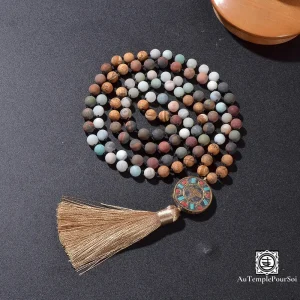 Mala "Harmonie des Éléments" en perle de Jaspe Jaune, Turquoise Rouge et Amazonite