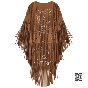 Poncho Bohème en Velours Découpé avec Franges – Élégance et Liberté de Style