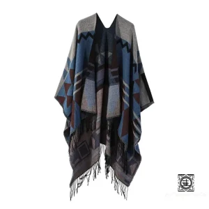 Poncho Oversize Géométrique en Laine Mélangée avec Franges